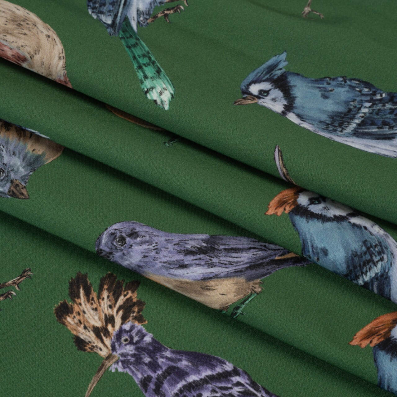 1 Yard Green, Blue and Beige Little Birds Cotton Sateen Stretch Fabric